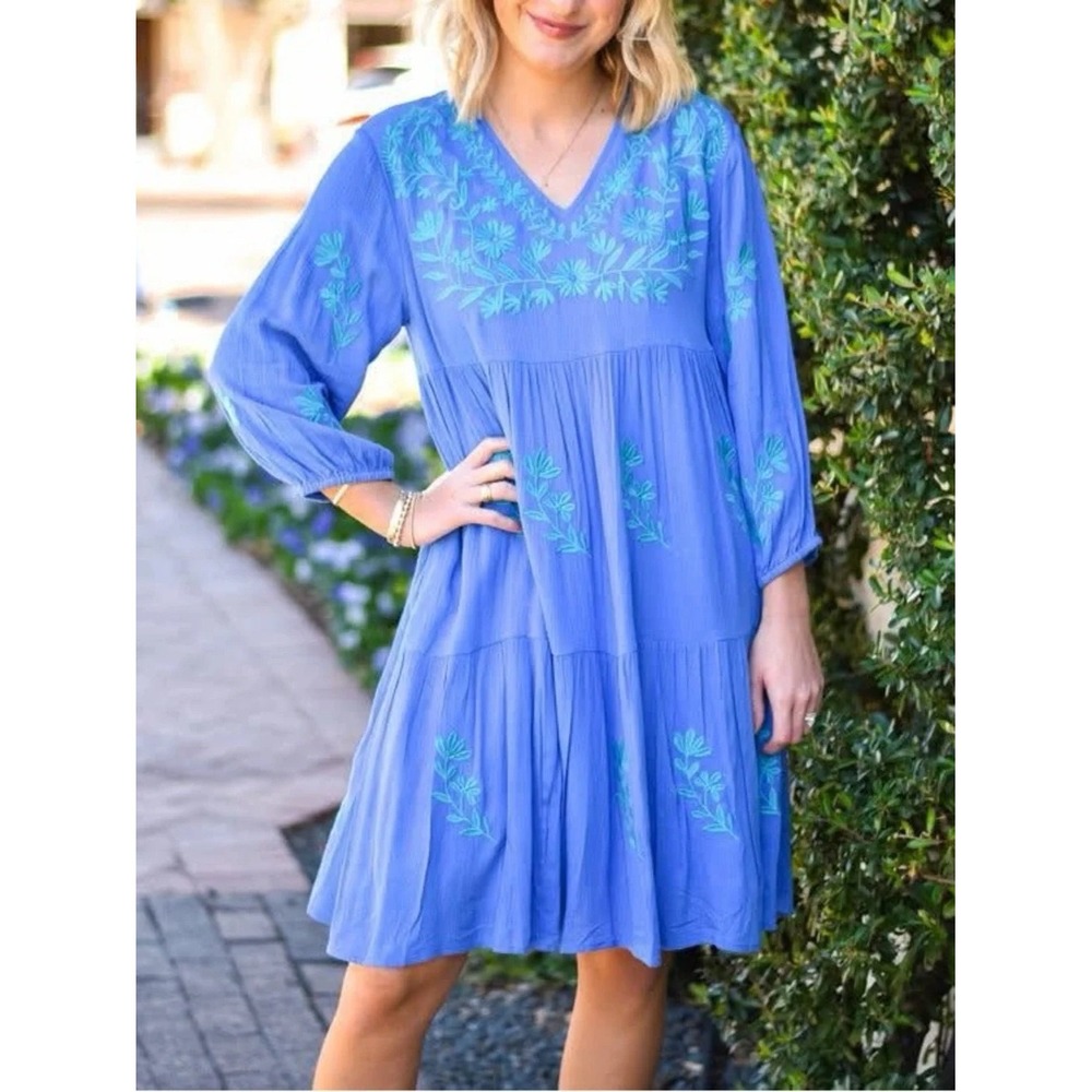 J. Marie Blue Turquoise Embroidered Tiered V-Neck Dress Medium Boho Coastal